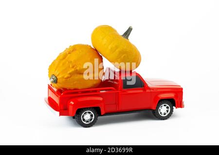 Autumn harvest concept. Yellow decorative pumpkins in trendy red pickup truck`s trunk. Stock Photo